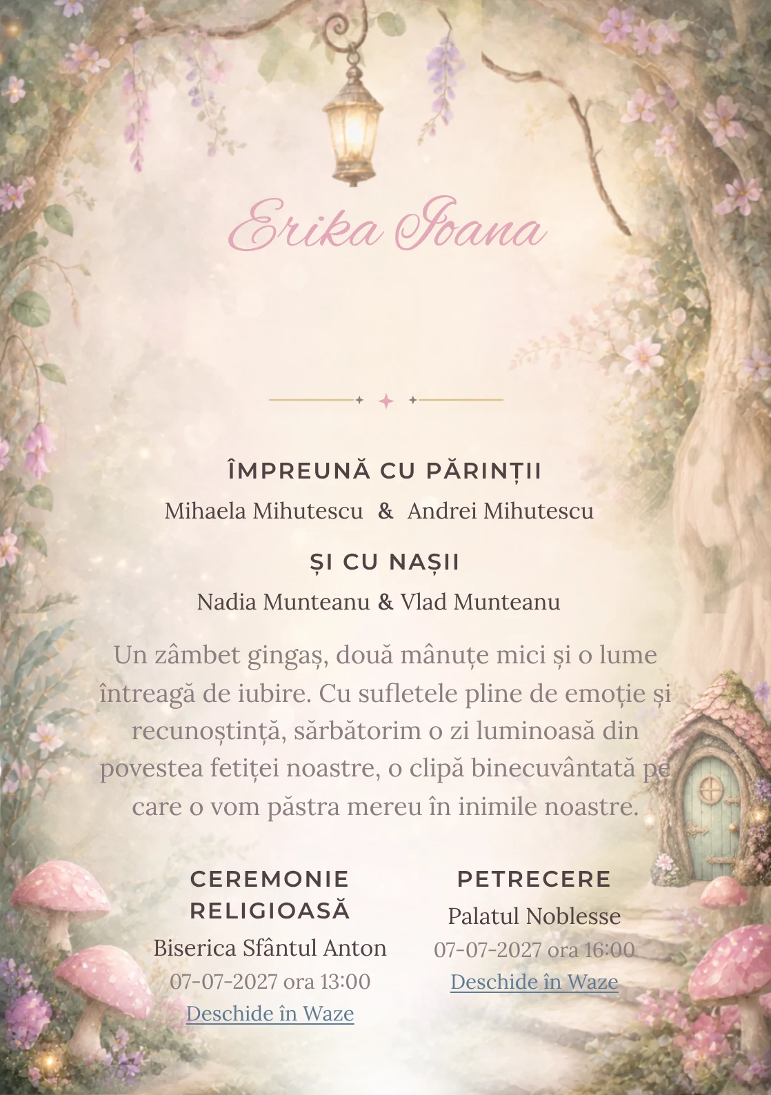 Ușa Zânei, din gama de invitații botez fetiță, are ca reper vizual o ușă de zână sculptată într-un trunchi; compoziția include ciuperci, felinare mici și plante de poveste.