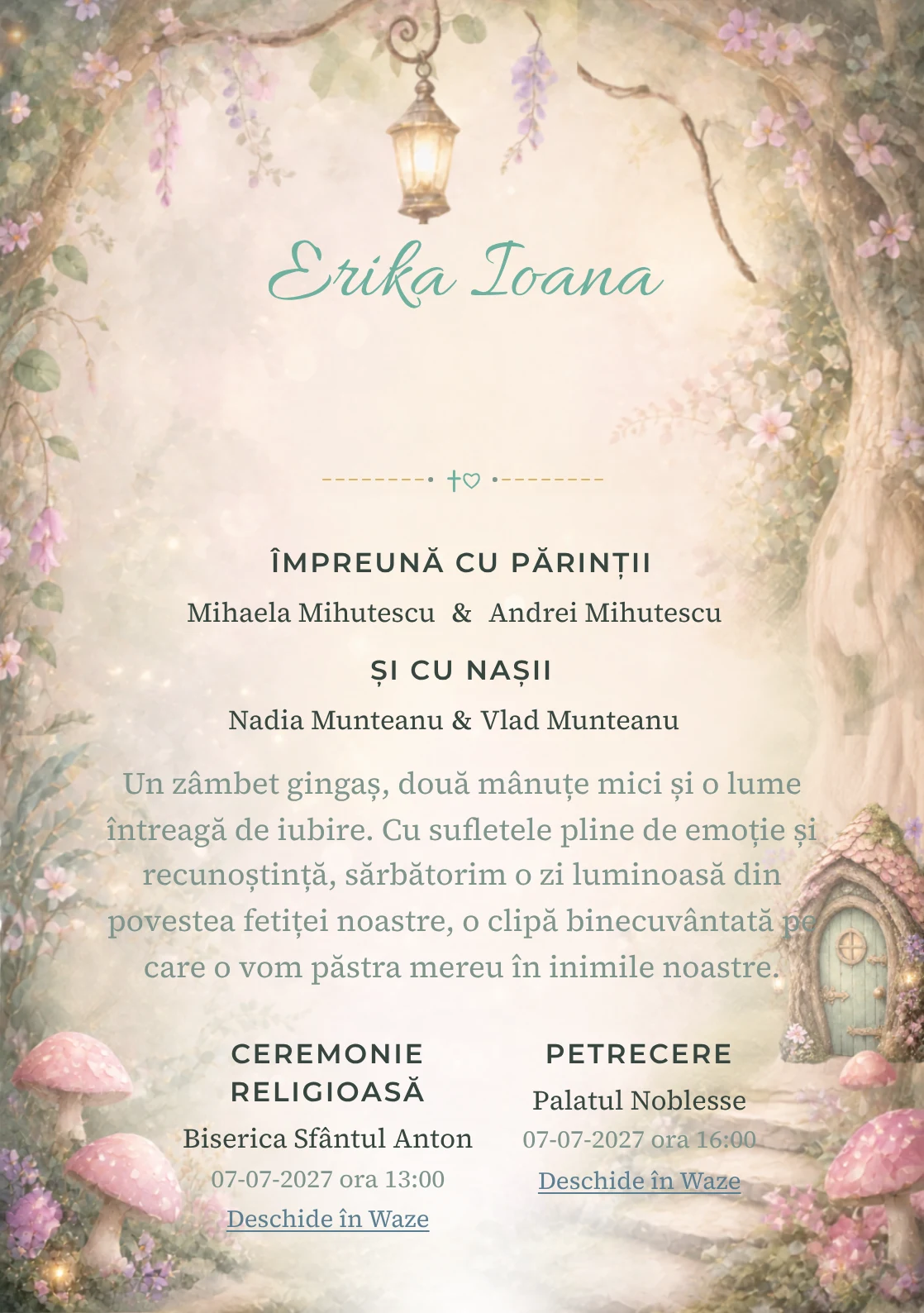 Ușa Zânei, din gama de invitații botez fetiță, are ca reper vizual o ușă de zână sculptată într-un trunchi; compoziția include ciuperci, felinare mici și plante de poveste.
