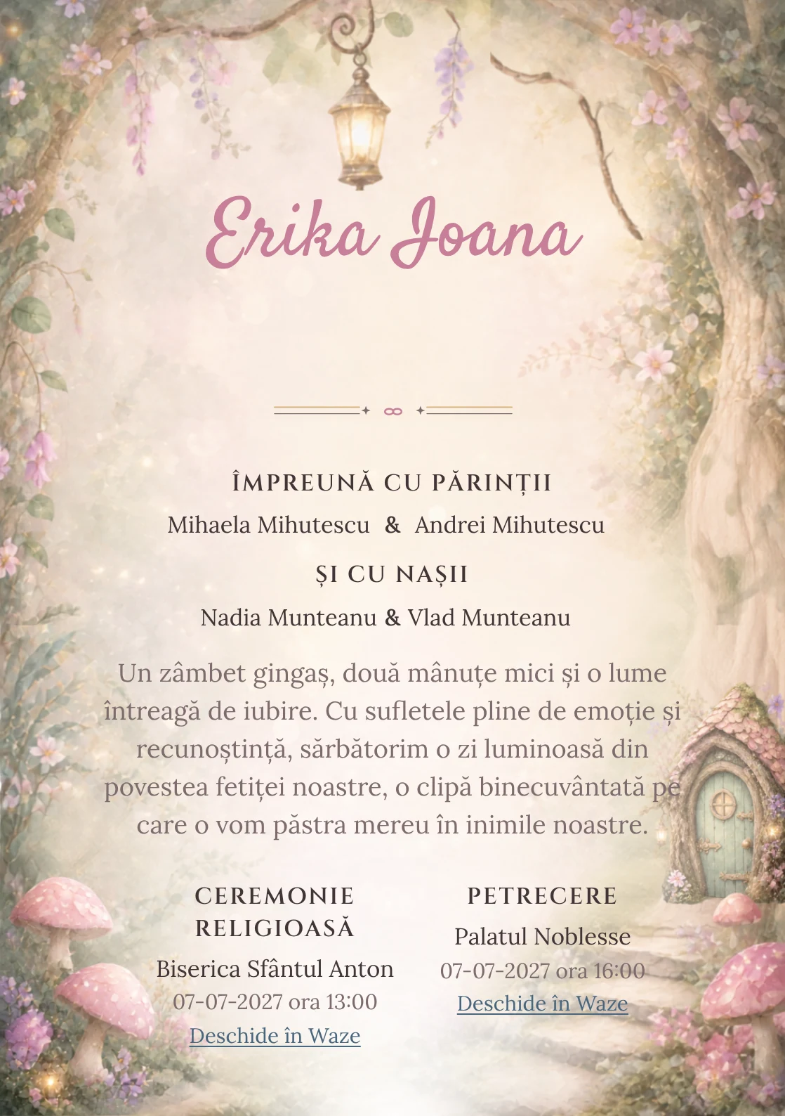 Ușa Zânei, din gama de invitații botez fetiță, are ca reper vizual o ușă de zână sculptată într-un trunchi; compoziția include ciuperci, felinare mici și plante de poveste.