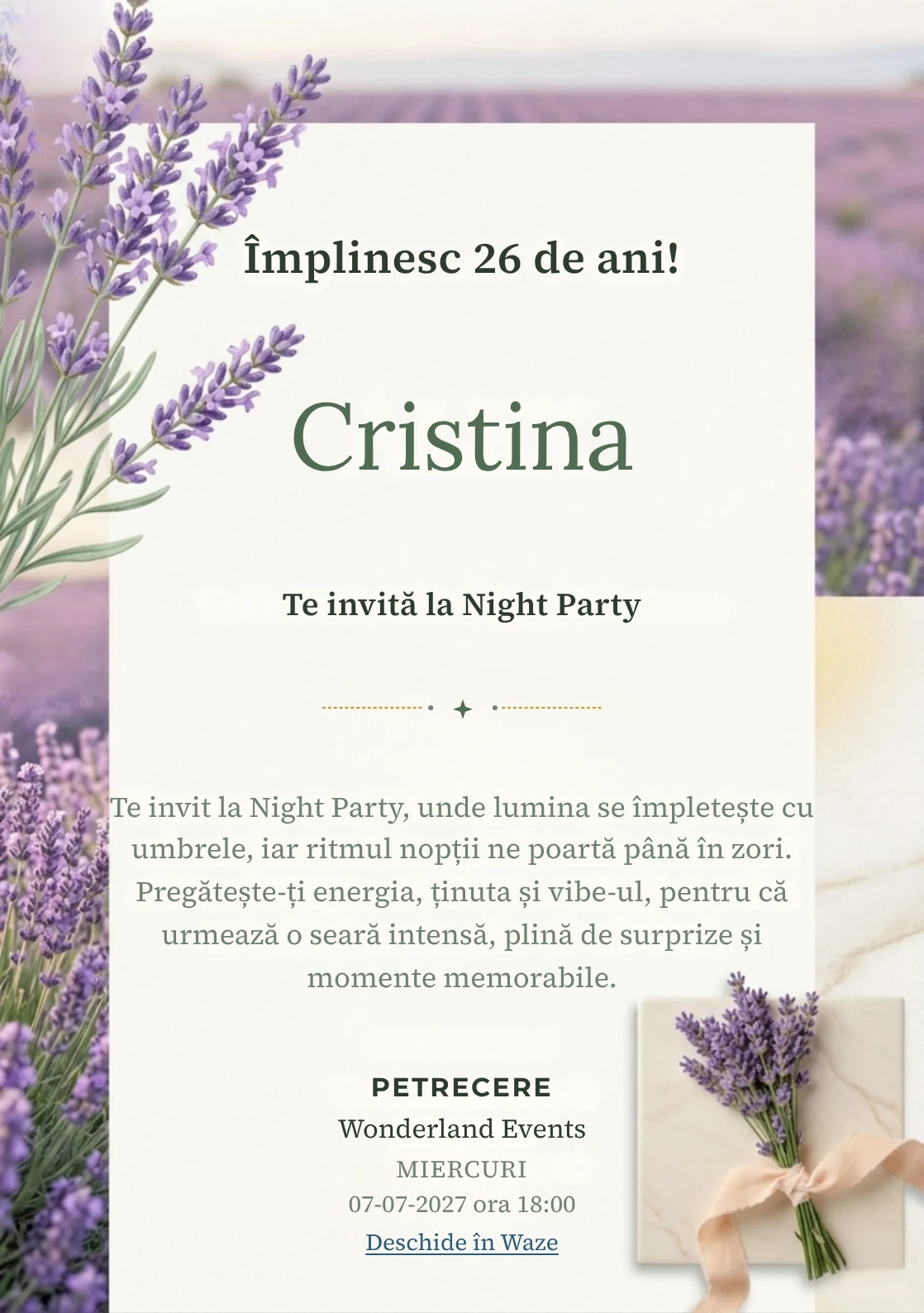 Pentru aniversările adulților, Valea Lavandei propune invitații digitale cu flori de lavandă în prim-plan și nuanțe de lila și verde salvie.