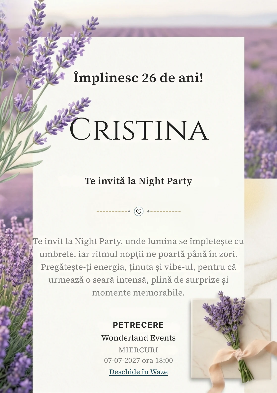 Pentru aniversările adulților, Valea Lavandei propune invitații digitale cu flori de lavandă în prim-plan și nuanțe de lila și verde salvie.