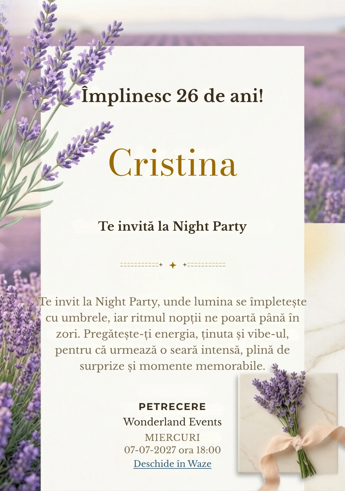 Pentru aniversările adulților, Valea Lavandei propune invitații digitale cu flori de lavandă în prim-plan și nuanțe de lila și verde salvie.