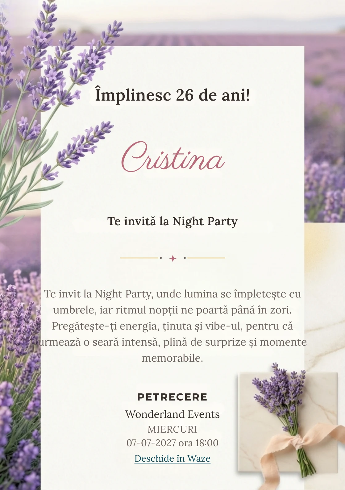 Pentru aniversările adulților, Valea Lavandei propune invitații digitale cu flori de lavandă în prim-plan și nuanțe de lila și verde salvie.