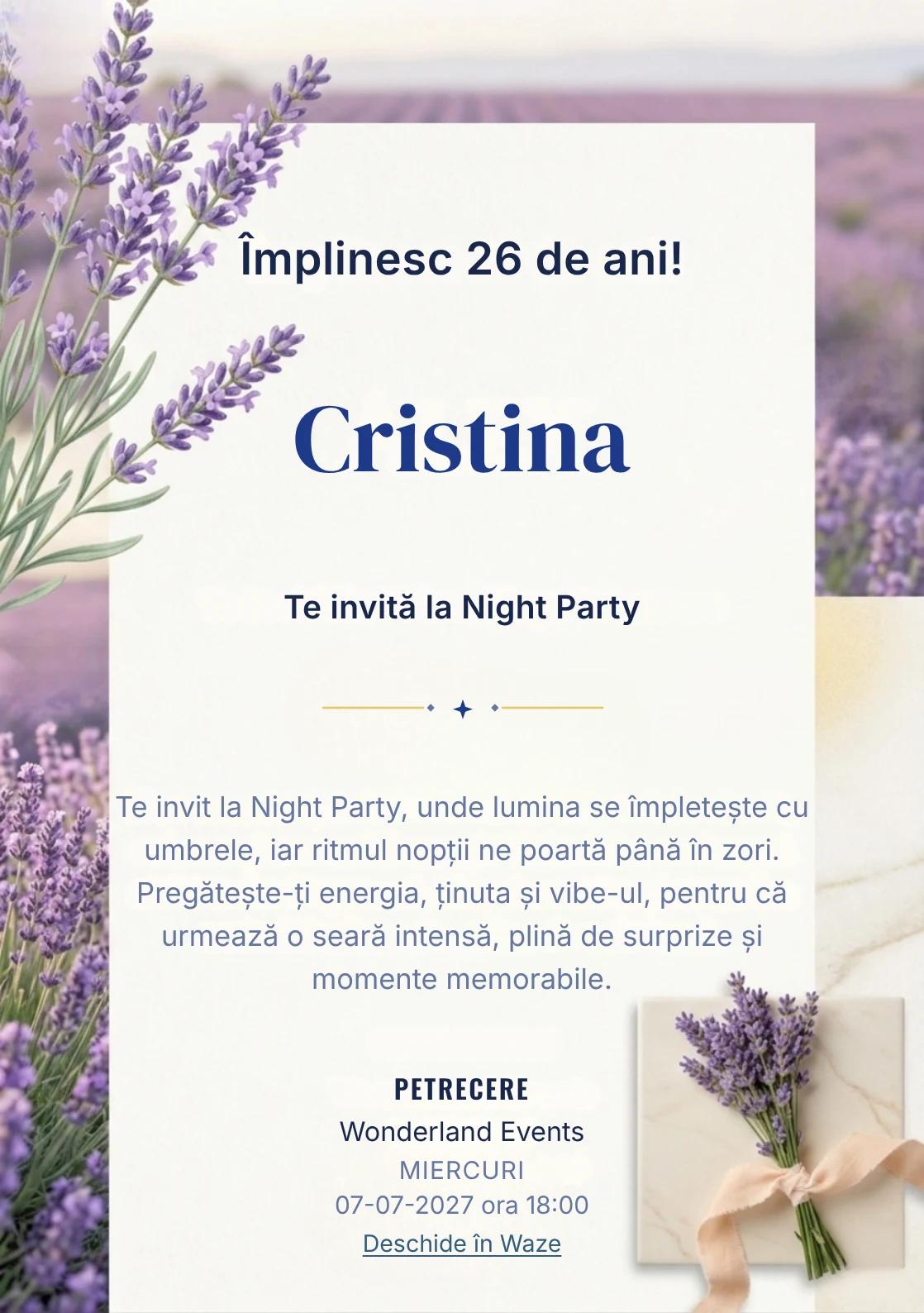 Pentru aniversările adulților, Valea Lavandei propune invitații digitale cu flori de lavandă în prim-plan și nuanțe de lila și verde salvie.