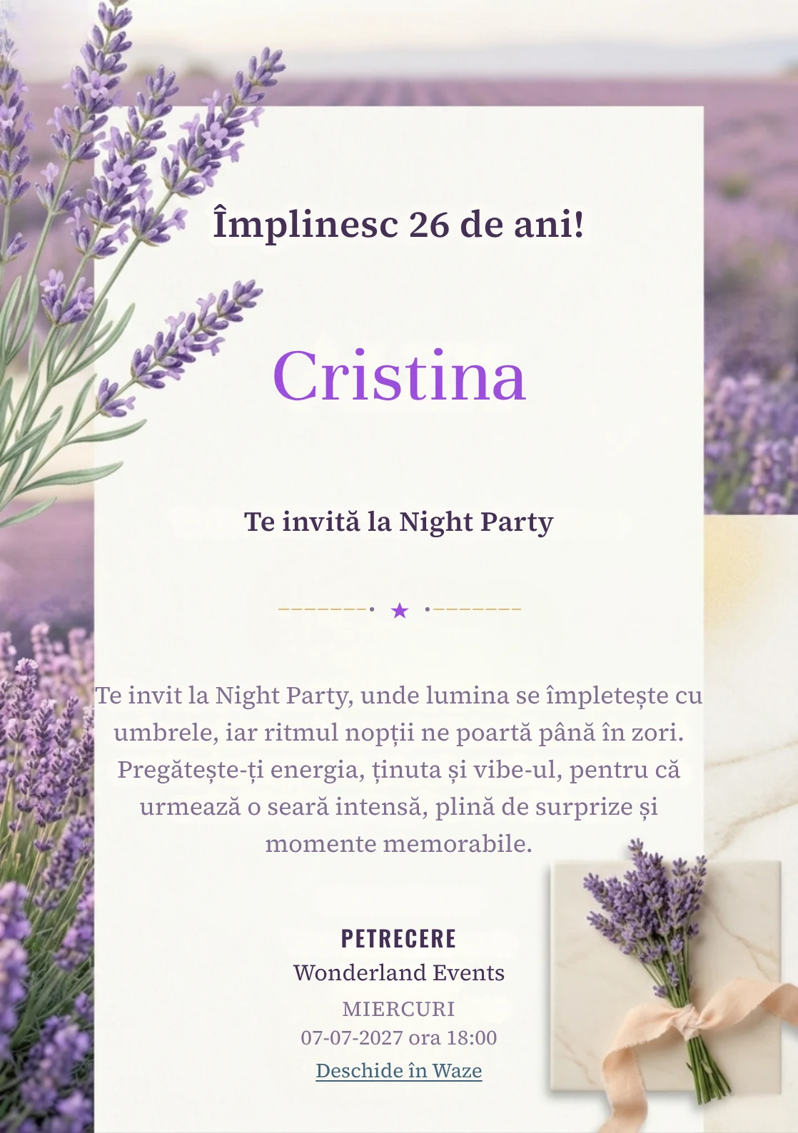 Pentru aniversările adulților, Valea Lavandei propune invitații digitale cu flori de lavandă în prim-plan și nuanțe de lila și verde salvie.