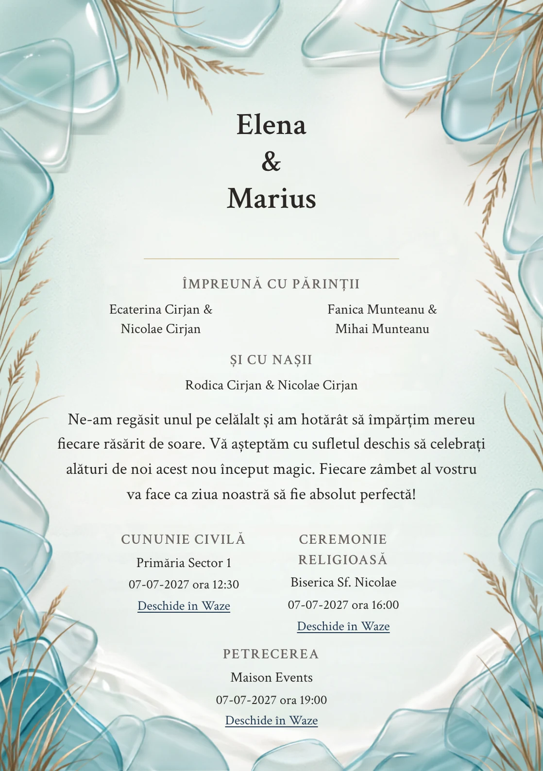 Imaginea Valuri de Sticlă, pentru invitații de nuntă, este definită de panouri suprapuse de sticlă marină și tonuri de verde apă, nisip alb și bleu lagună.