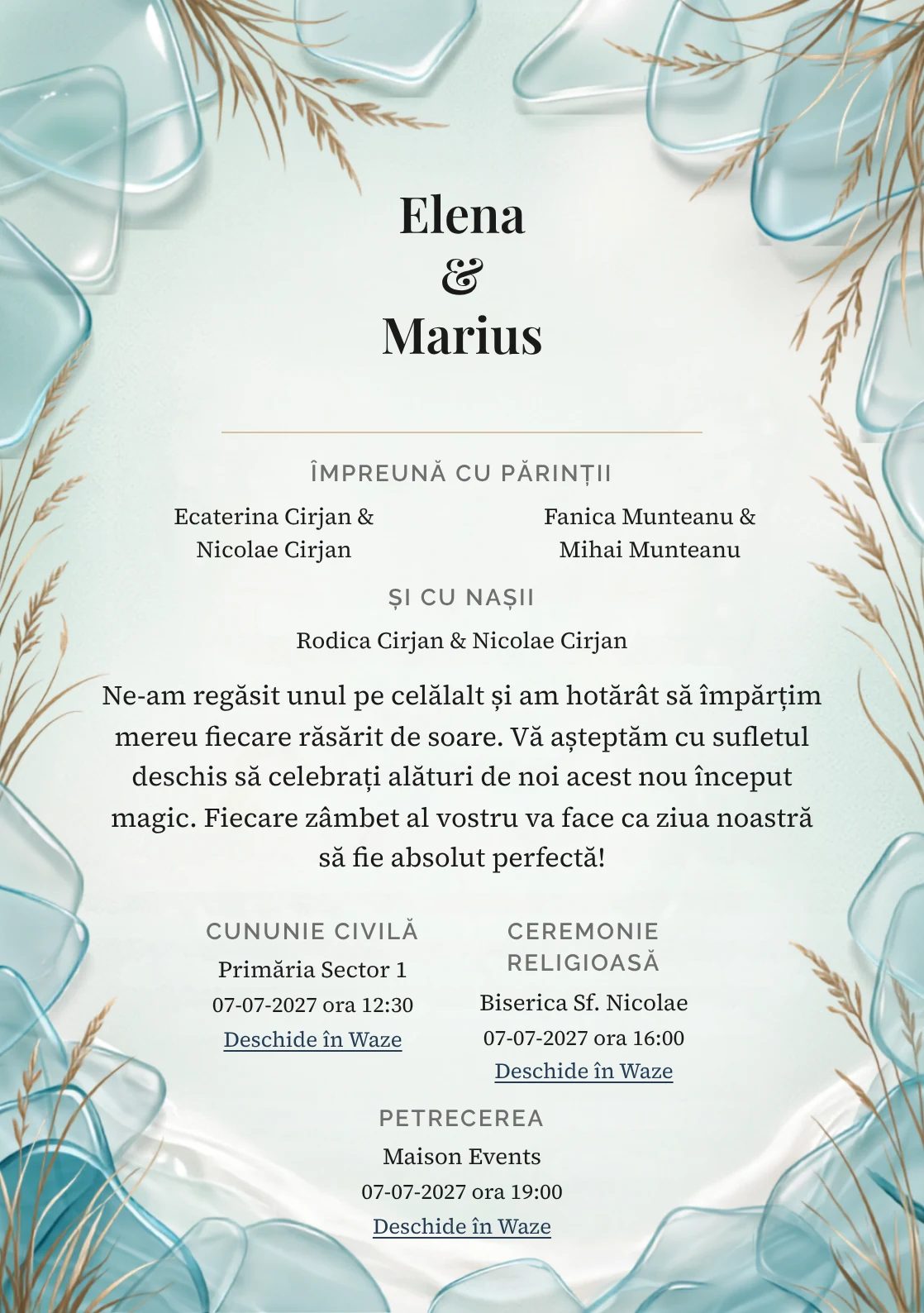 Imaginea Valuri de Sticlă, pentru invitații de nuntă, este definită de panouri suprapuse de sticlă marină și tonuri de verde apă, nisip alb și bleu lagună.
