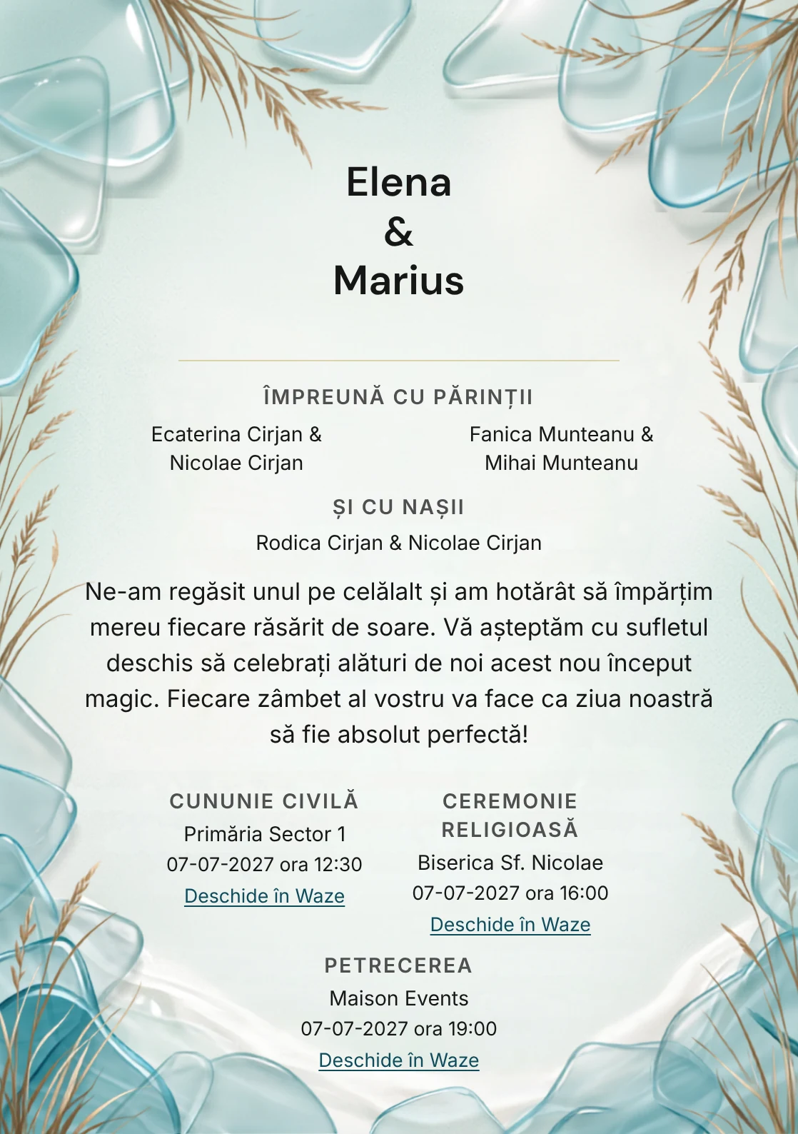 Imaginea Valuri de Sticlă, pentru invitații de nuntă, este definită de panouri suprapuse de sticlă marină și tonuri de verde apă, nisip alb și bleu lagună.