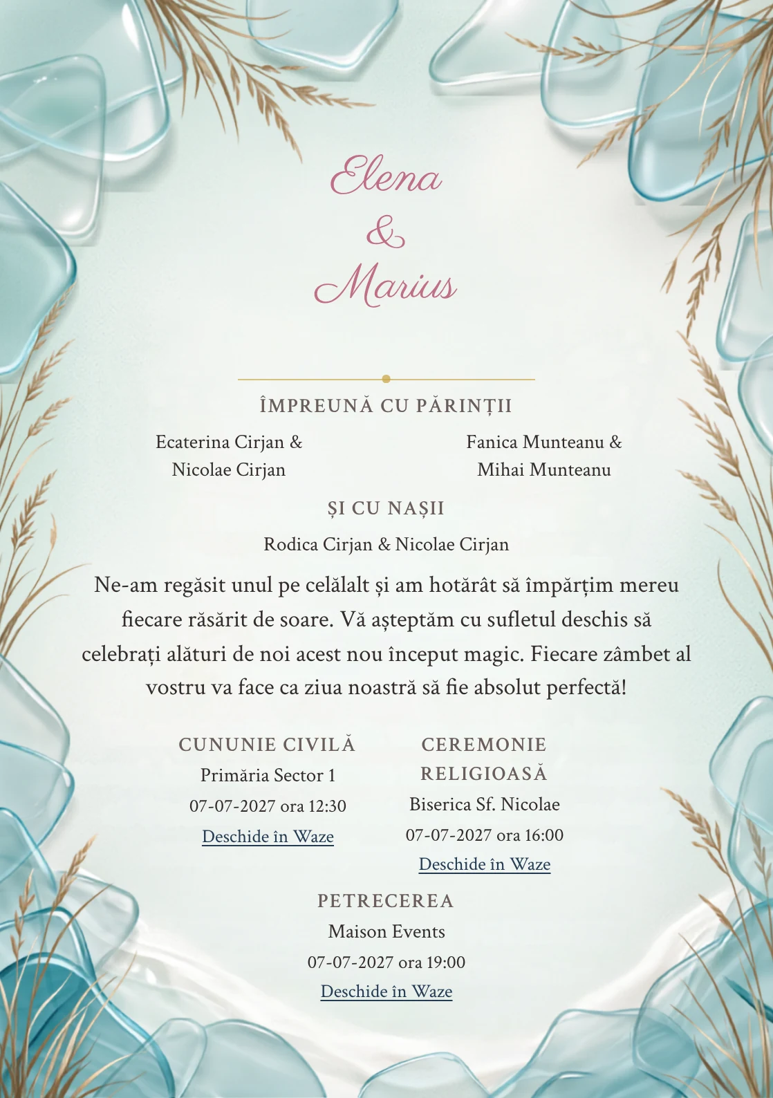 Imaginea Valuri de Sticlă, pentru invitații de nuntă, este definită de panouri suprapuse de sticlă marină și tonuri de verde apă, nisip alb și bleu lagună.