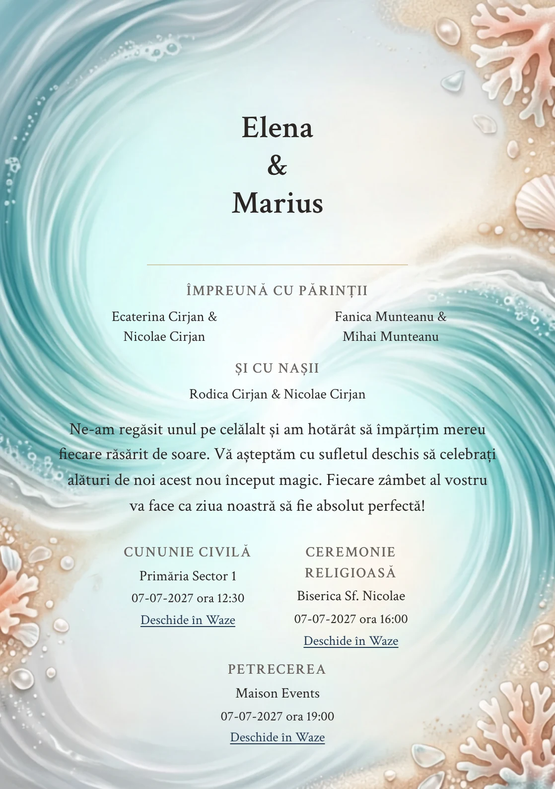 Imaginea Valuri Împreună, pentru invitații de nuntă, este definită de două valuri fluide care se întâlnesc și tonuri de aqua val, nisip sidefat și coral pal.