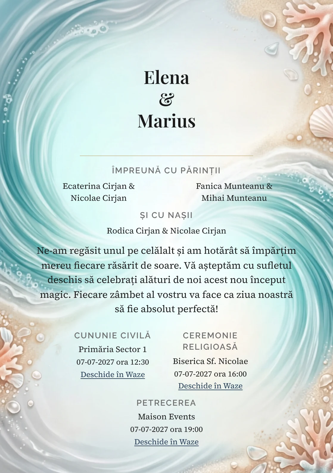 Imaginea Valuri Împreună, pentru invitații de nuntă, este definită de două valuri fluide care se întâlnesc și tonuri de aqua val, nisip sidefat și coral pal.