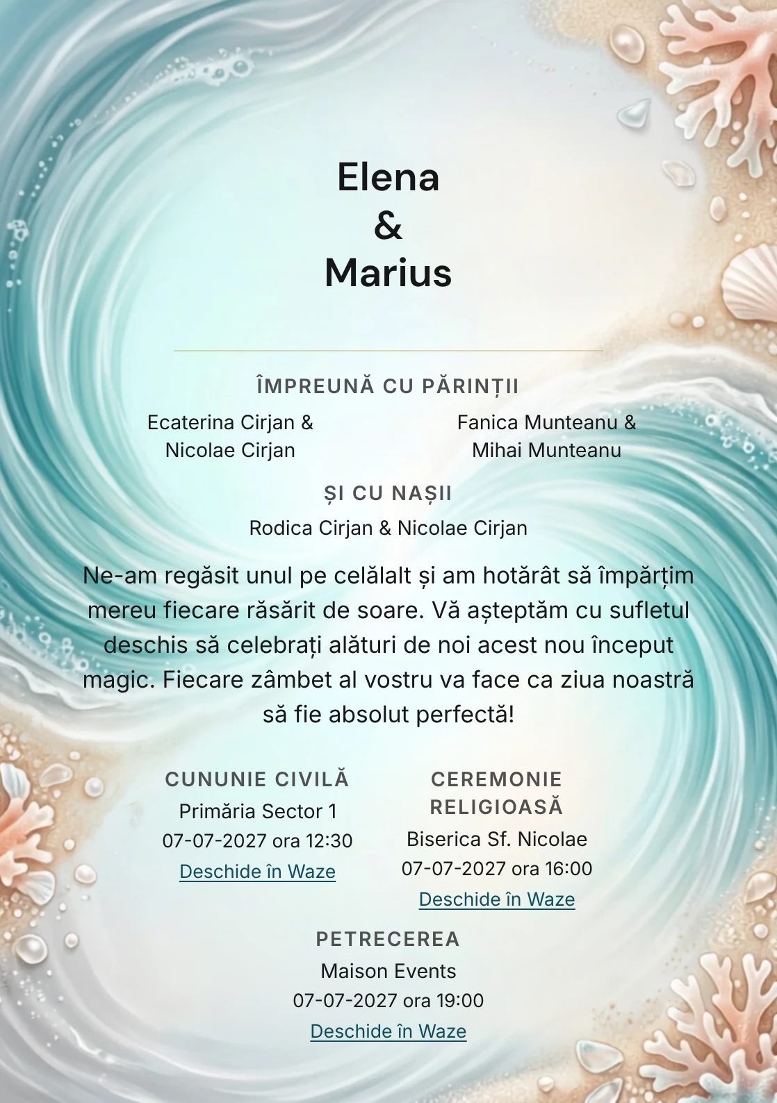 Imaginea Valuri Împreună, pentru invitații de nuntă, este definită de două valuri fluide care se întâlnesc și tonuri de aqua val, nisip sidefat și coral pal.