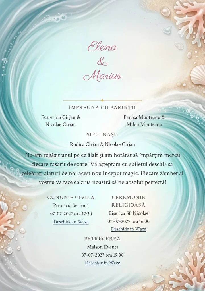 Imaginea Valuri Împreună, pentru invitații de nuntă, este definită de două valuri fluide care se întâlnesc și tonuri de aqua val, nisip sidefat și coral pal.