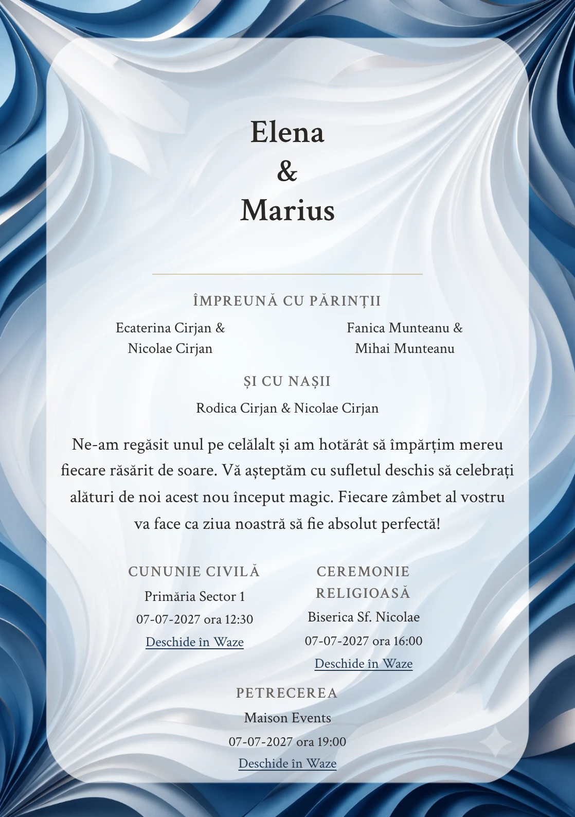 Imaginea Valuri Plisate, pentru invitații de nuntă, este definită de valuri ample plisate în relief și tonuri de bleu relief, alb spumă și gri albastru.
