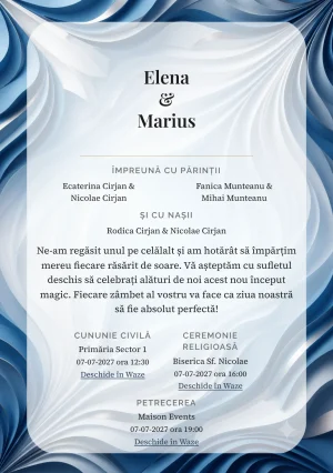 Imaginea Valuri Plisate, pentru invitații de nuntă, este definită de valuri ample plisate în relief și tonuri de bleu relief, alb spumă și gri albastru.