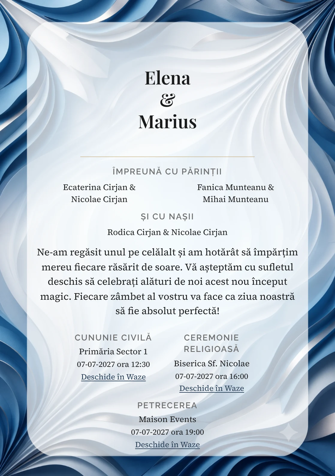 Imaginea Valuri Plisate, pentru invitații de nuntă, este definită de valuri ample plisate în relief și tonuri de bleu relief, alb spumă și gri albastru.