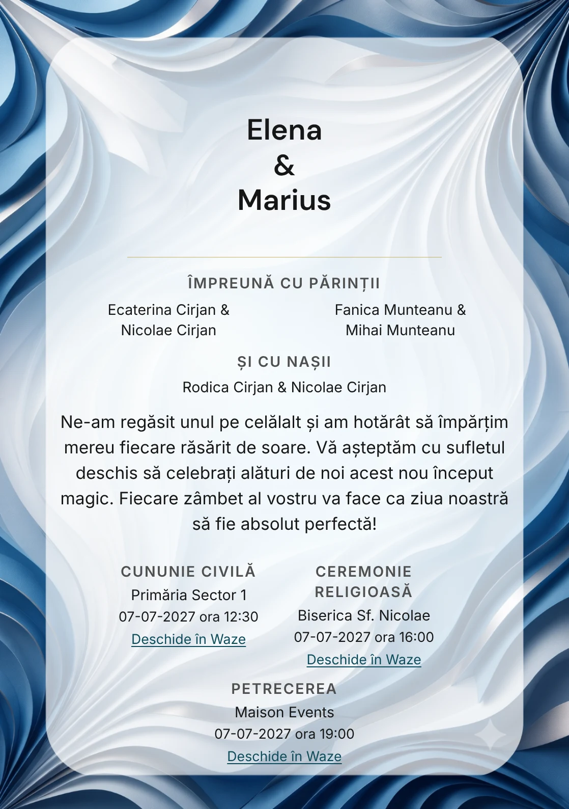 Imaginea Valuri Plisate, pentru invitații de nuntă, este definită de valuri ample plisate în relief și tonuri de bleu relief, alb spumă și gri albastru.