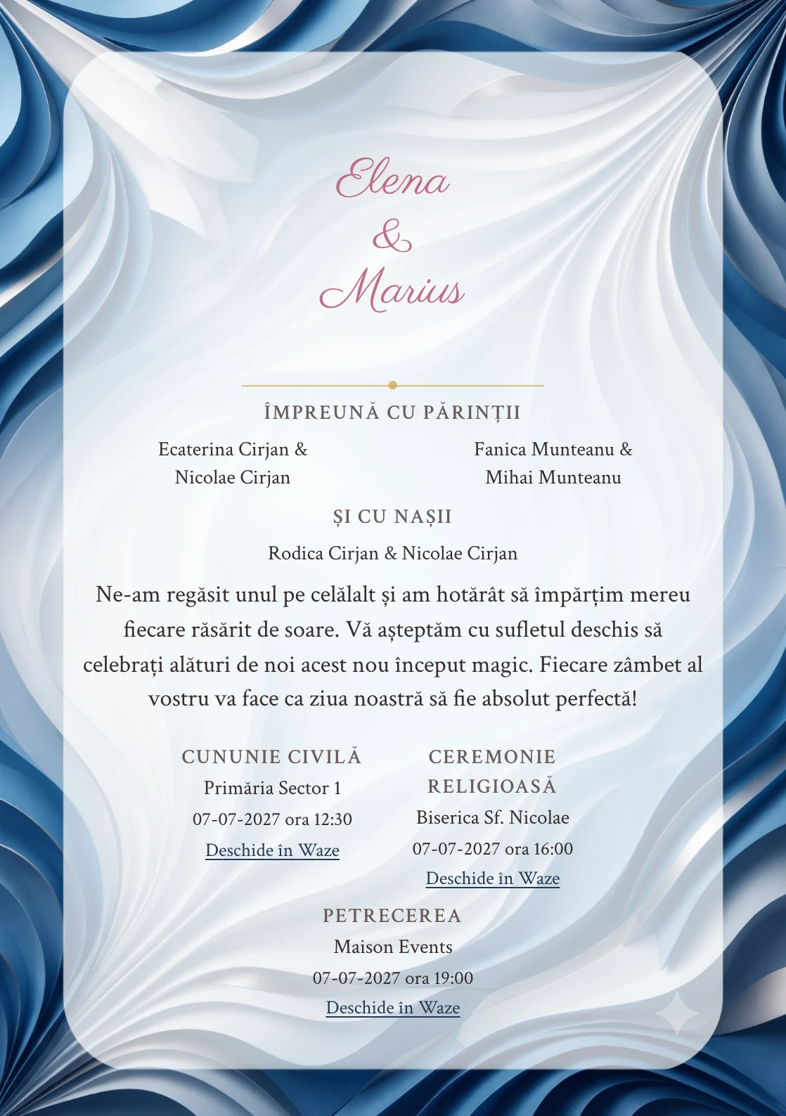 Imaginea Valuri Plisate, pentru invitații de nuntă, este definită de valuri ample plisate în relief și tonuri de bleu relief, alb spumă și gri albastru.