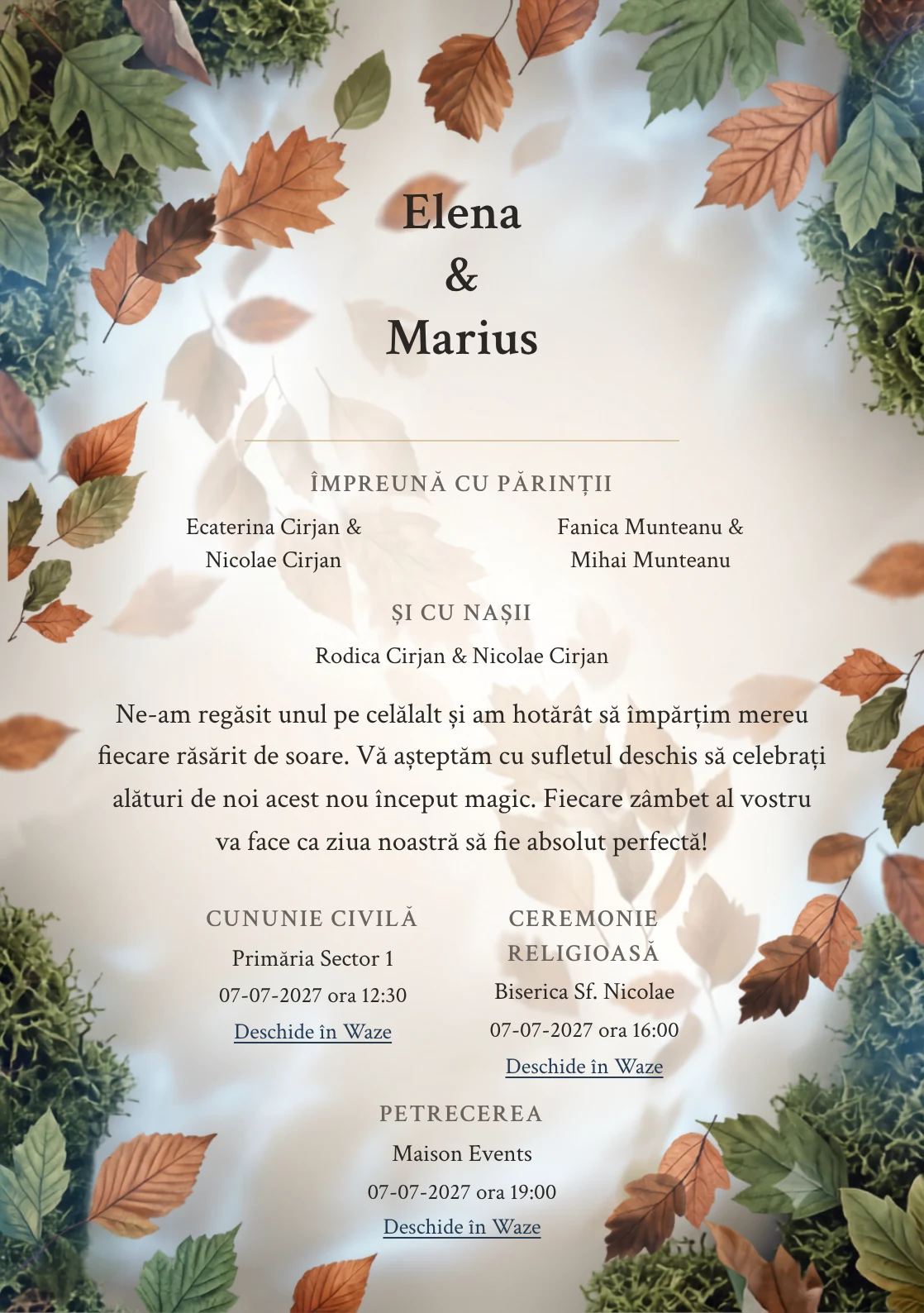 Fundalul Vânt de Toamnă, pentru invitații de nuntă, se remarcă prin curent diagonal de frunze rare și accente de cupru frunză, bej fumuriu și verde mușchi.