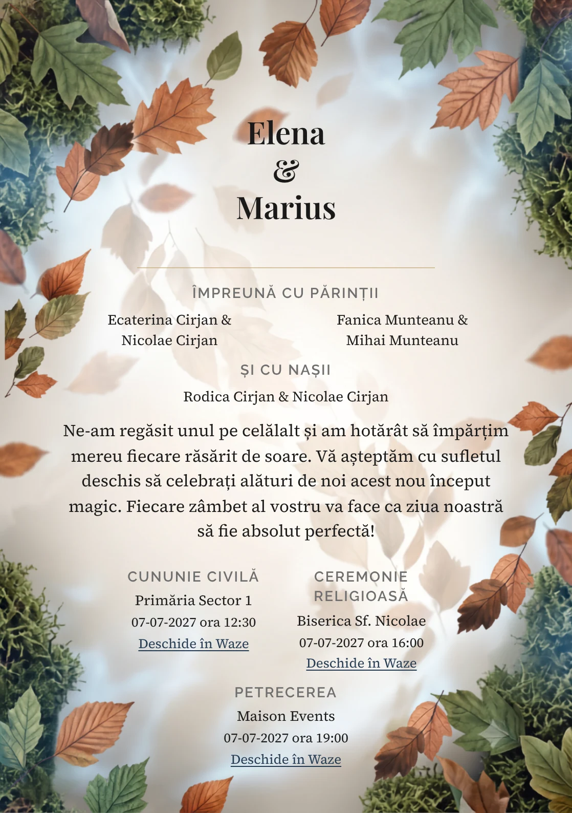 Fundalul Vânt de Toamnă, pentru invitații de nuntă, se remarcă prin curent diagonal de frunze rare și accente de cupru frunză, bej fumuriu și verde mușchi.
