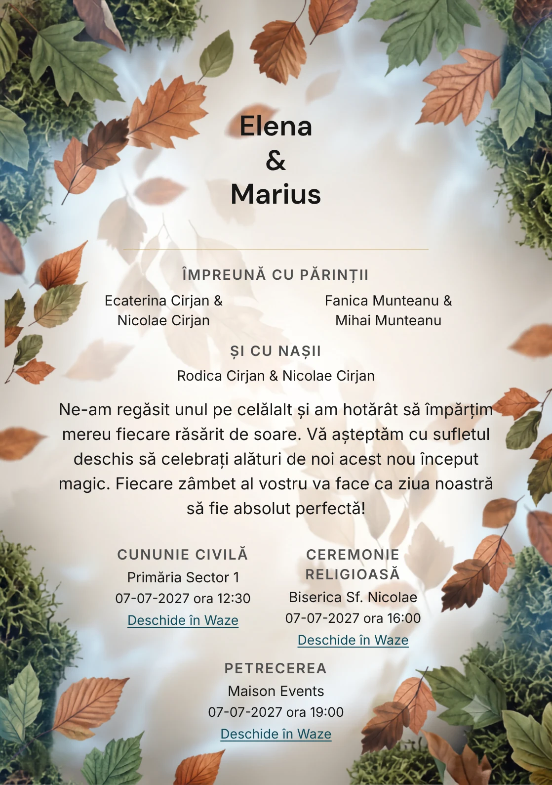 Fundalul Vânt de Toamnă, pentru invitații de nuntă, se remarcă prin curent diagonal de frunze rare și accente de cupru frunză, bej fumuriu și verde mușchi.