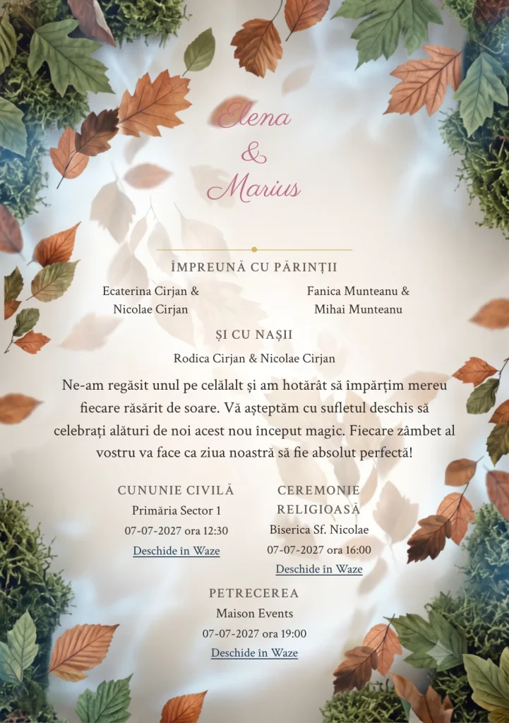 Fundalul Vânt de Toamnă, pentru invitații de nuntă, se remarcă prin curent diagonal de frunze rare și accente de cupru frunză, bej fumuriu și verde mușchi.
