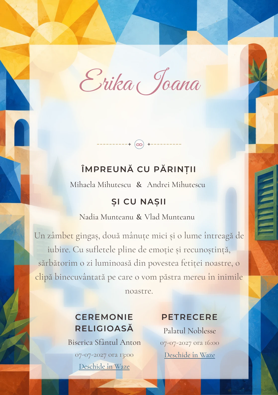 Vara în Cuburi propune, din gama de invitații botez băiat, un peisaj imaginar din cuburi colorate și soare, obloane abstracte și trepte.