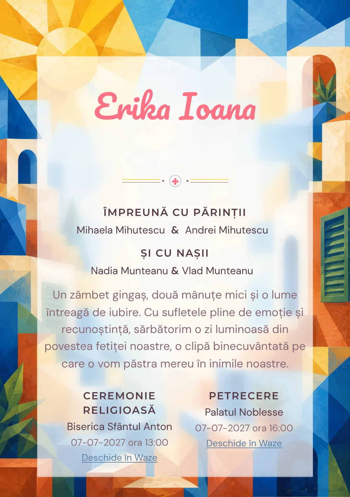 Vara în Cuburi propune, din gama de invitații botez băiat, un peisaj imaginar din cuburi colorate și soare, obloane abstracte și trepte.