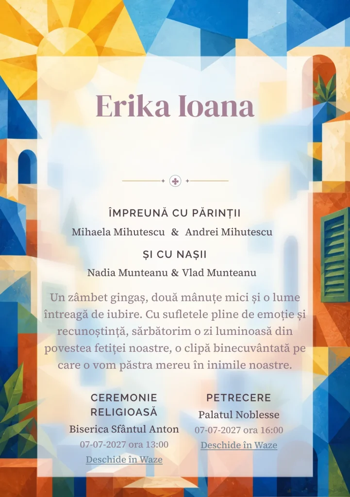 Vara în Cuburi propune, din gama de invitații botez băiat, un peisaj imaginar din cuburi colorate și soare, obloane abstracte și trepte.