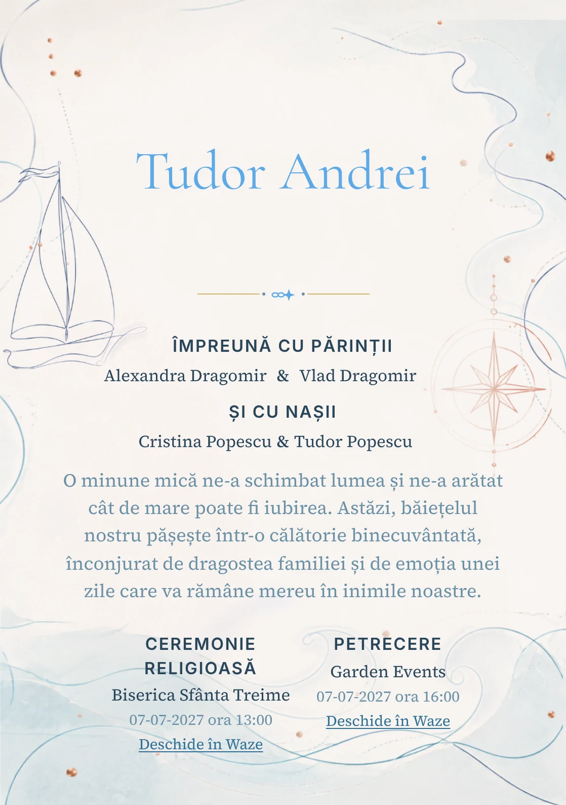 Velă Monoline, pentru o invitație de botez, are ca reper vizual o velă amplă desenată prin linii continue; compoziția include valuri, busolă abstractă și puncte metalice.