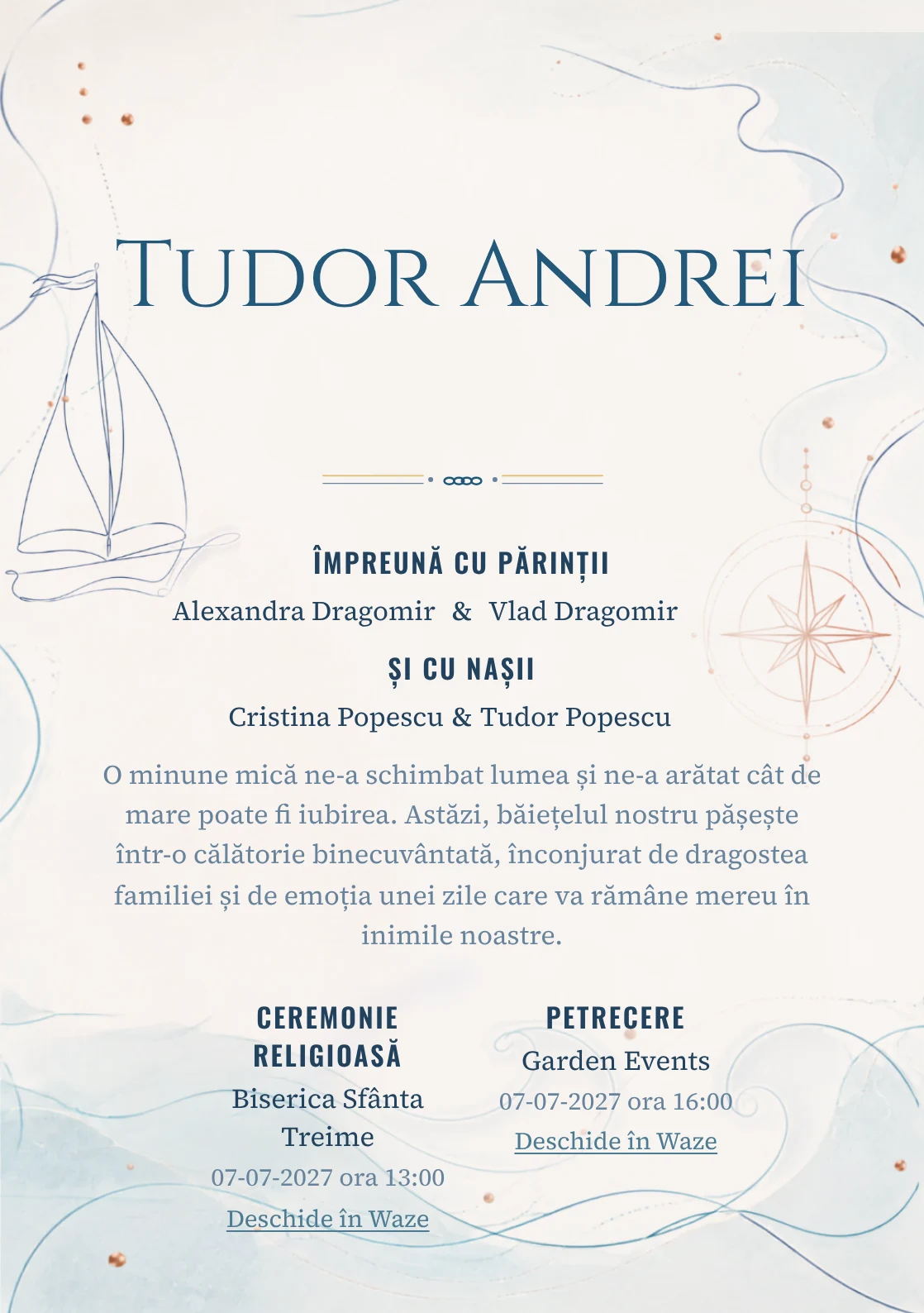 Velă Monoline, pentru o invitație de botez, are ca reper vizual o velă amplă desenată prin linii continue; compoziția include valuri, busolă abstractă și puncte metalice.