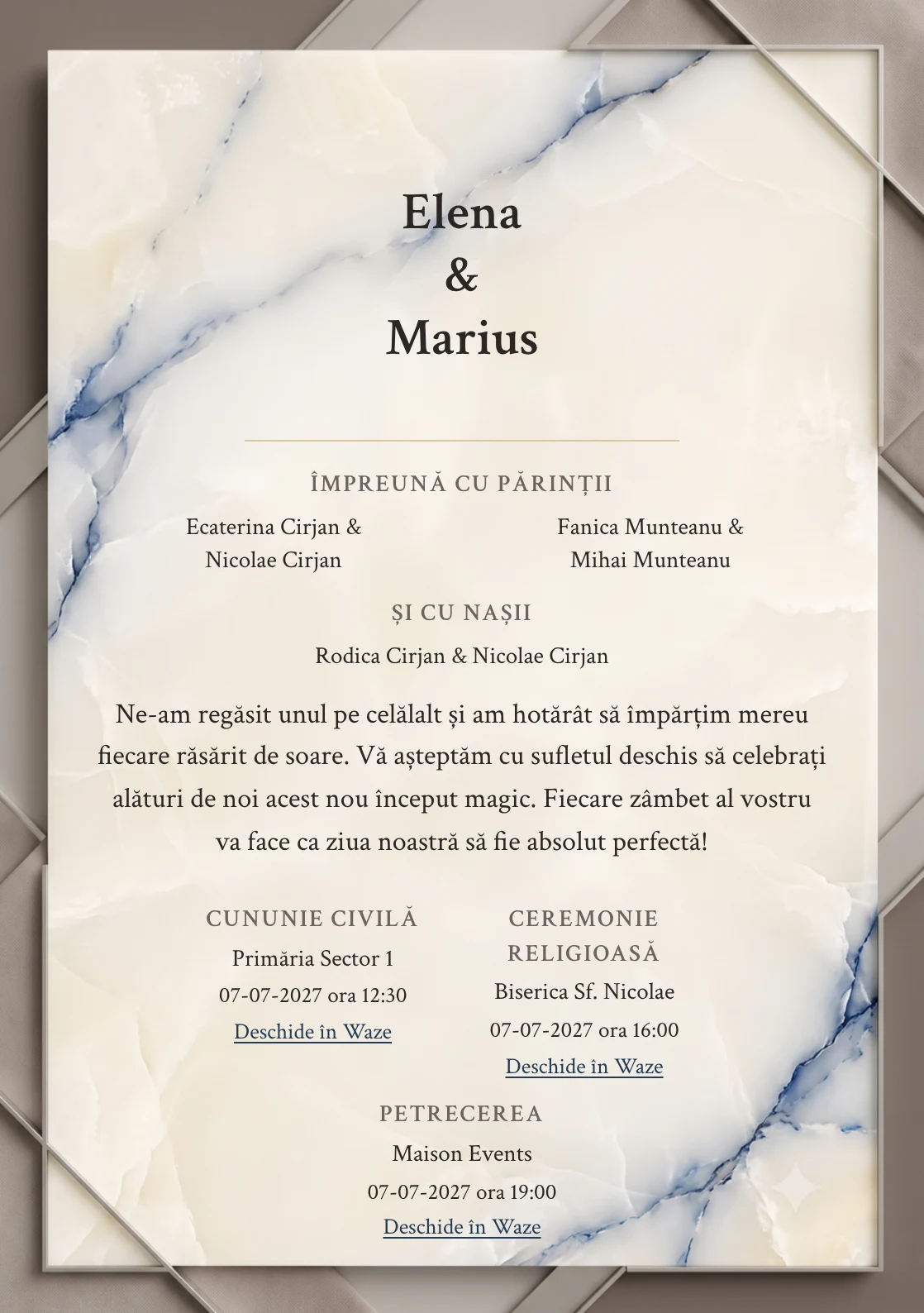 Imaginea Vena de Safir, pentru invitații de nuntă, este definită de placă de onix translucid cu venă albastră și tonuri de onix crem, taupe elegant și albastru safir diluat.