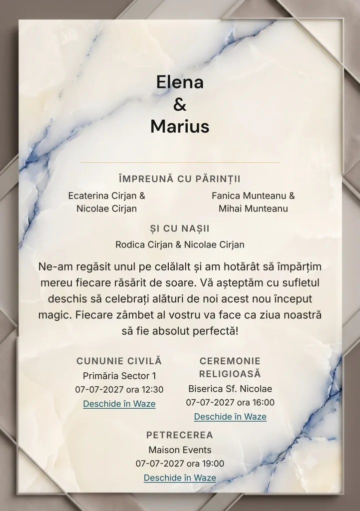 Imaginea Vena de Safir, pentru invitații de nuntă, este definită de placă de onix translucid cu venă albastră și tonuri de onix crem, taupe elegant și albastru safir diluat.