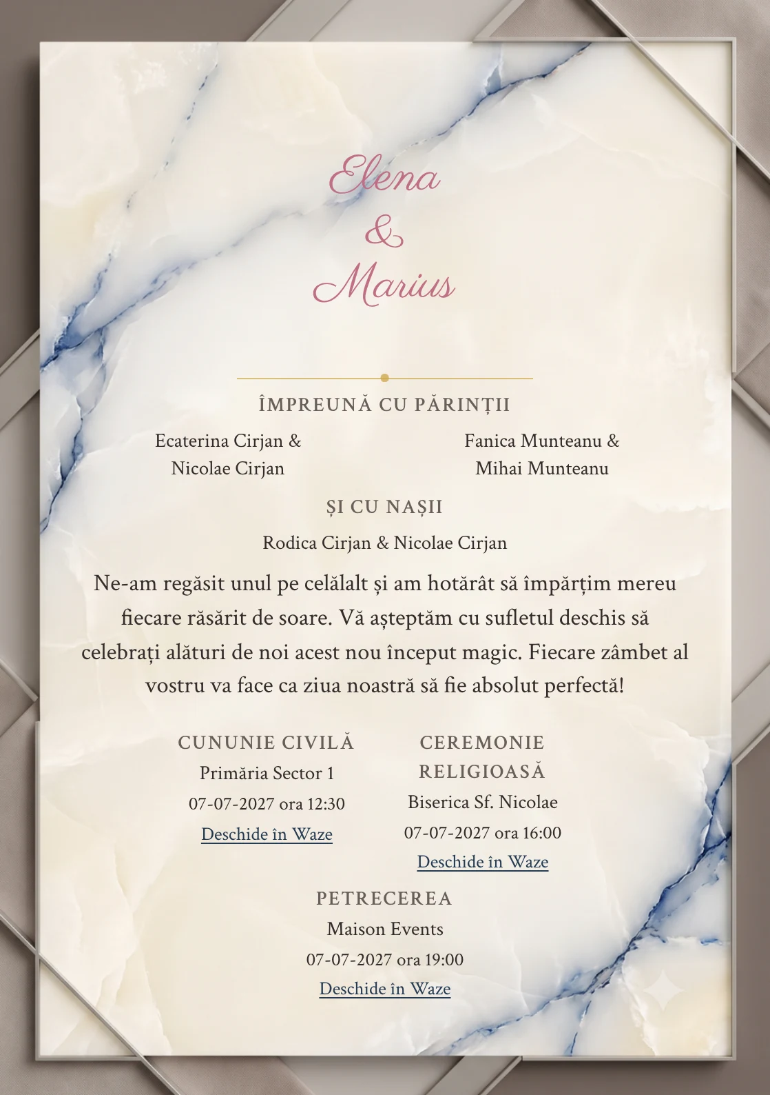 Imaginea Vena de Safir, pentru invitații de nuntă, este definită de placă de onix translucid cu venă albastră și tonuri de onix crem, taupe elegant și albastru safir diluat.