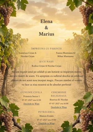 Via de Seară, în colecția de invitații nuntă, are ca reper vizual rânduri de vie care se deschid spre centru, în nuanțe de burgundy strugure pal, verde viță și bej pământ.