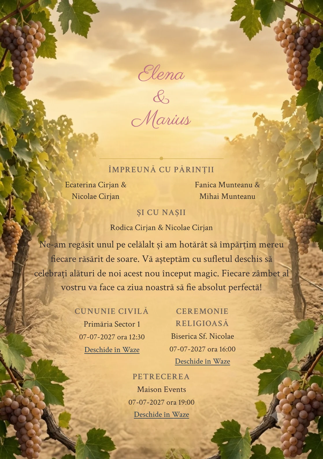 Via de Seară, în colecția de invitații nuntă, are ca reper vizual rânduri de vie care se deschid spre centru, în nuanțe de burgundy strugure pal, verde viță și bej pământ.