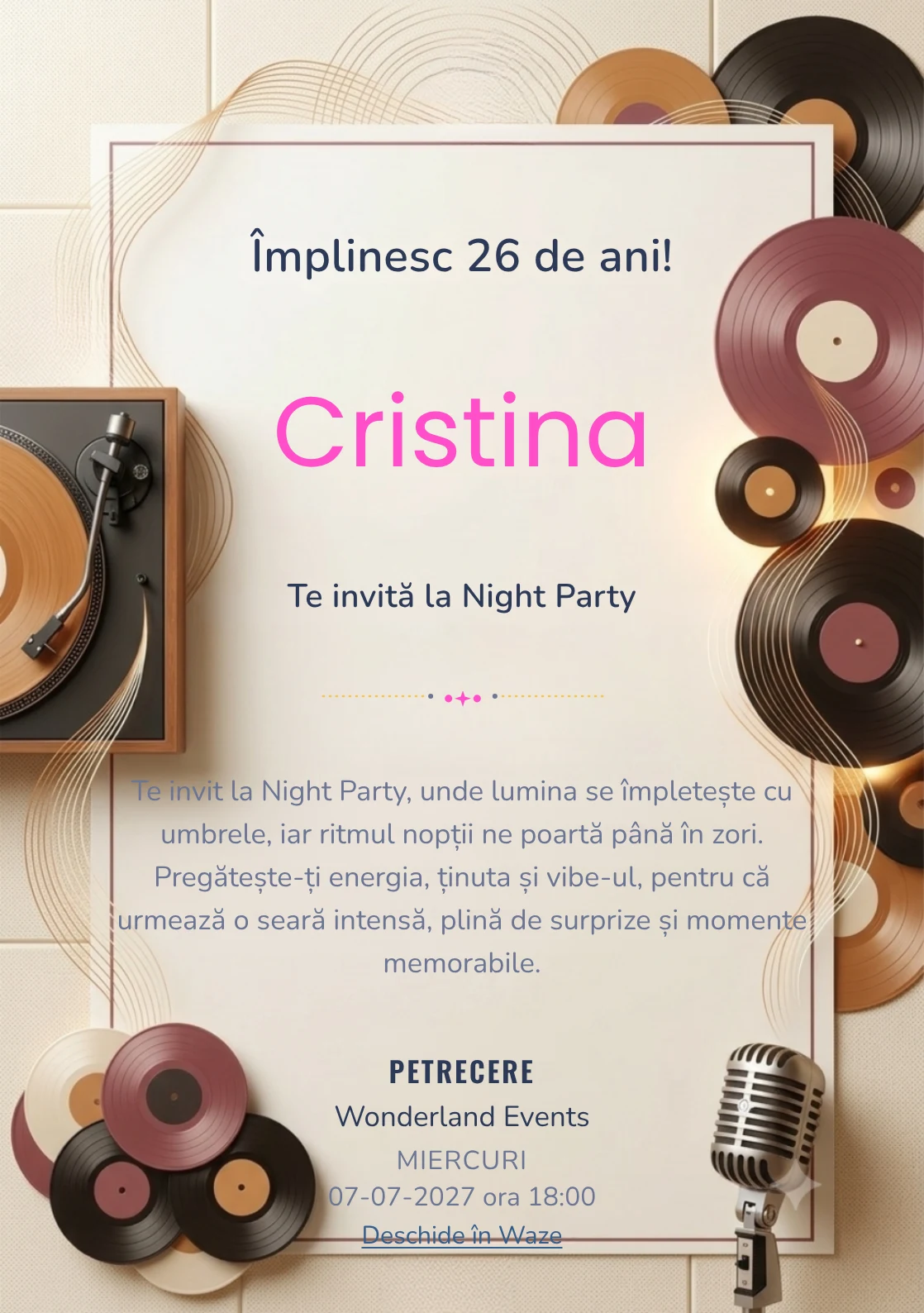 Vinyl Sessions este un model de invitații online pentru o aniversare adultă, definit vizual de un pick-up și unde sonore fine.