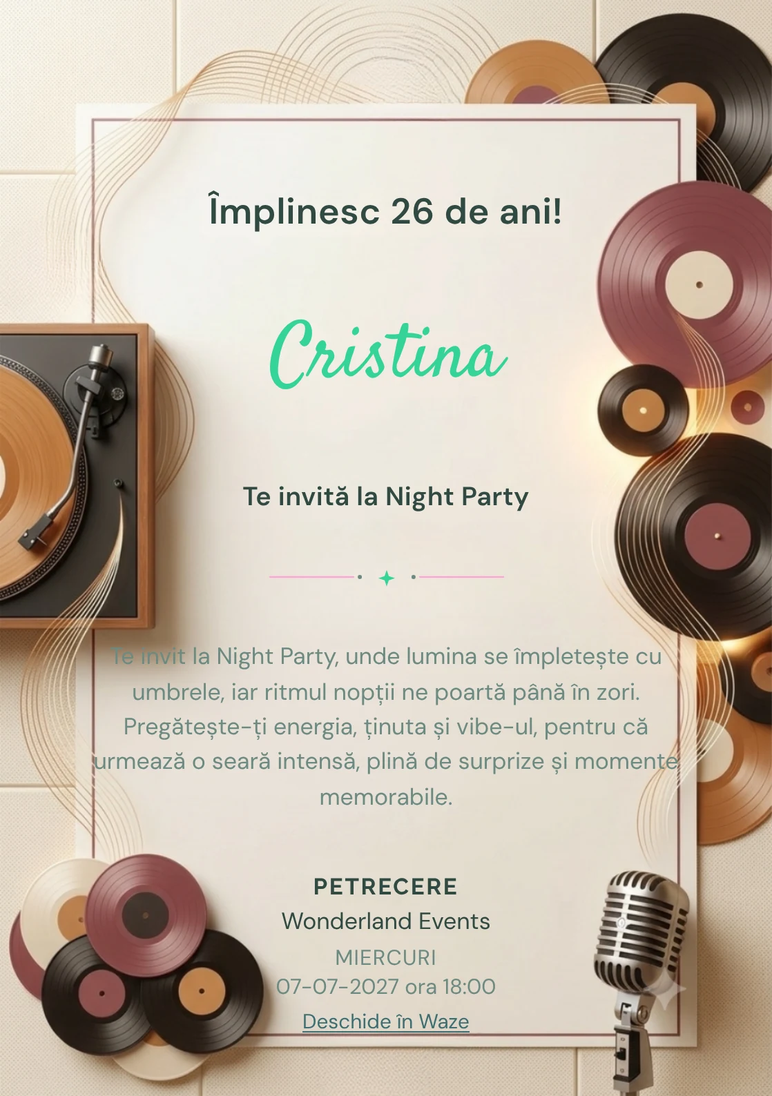 Vinyl Sessions este un model de invitații online pentru o aniversare adultă, definit vizual de un pick-up și unde sonore fine.
