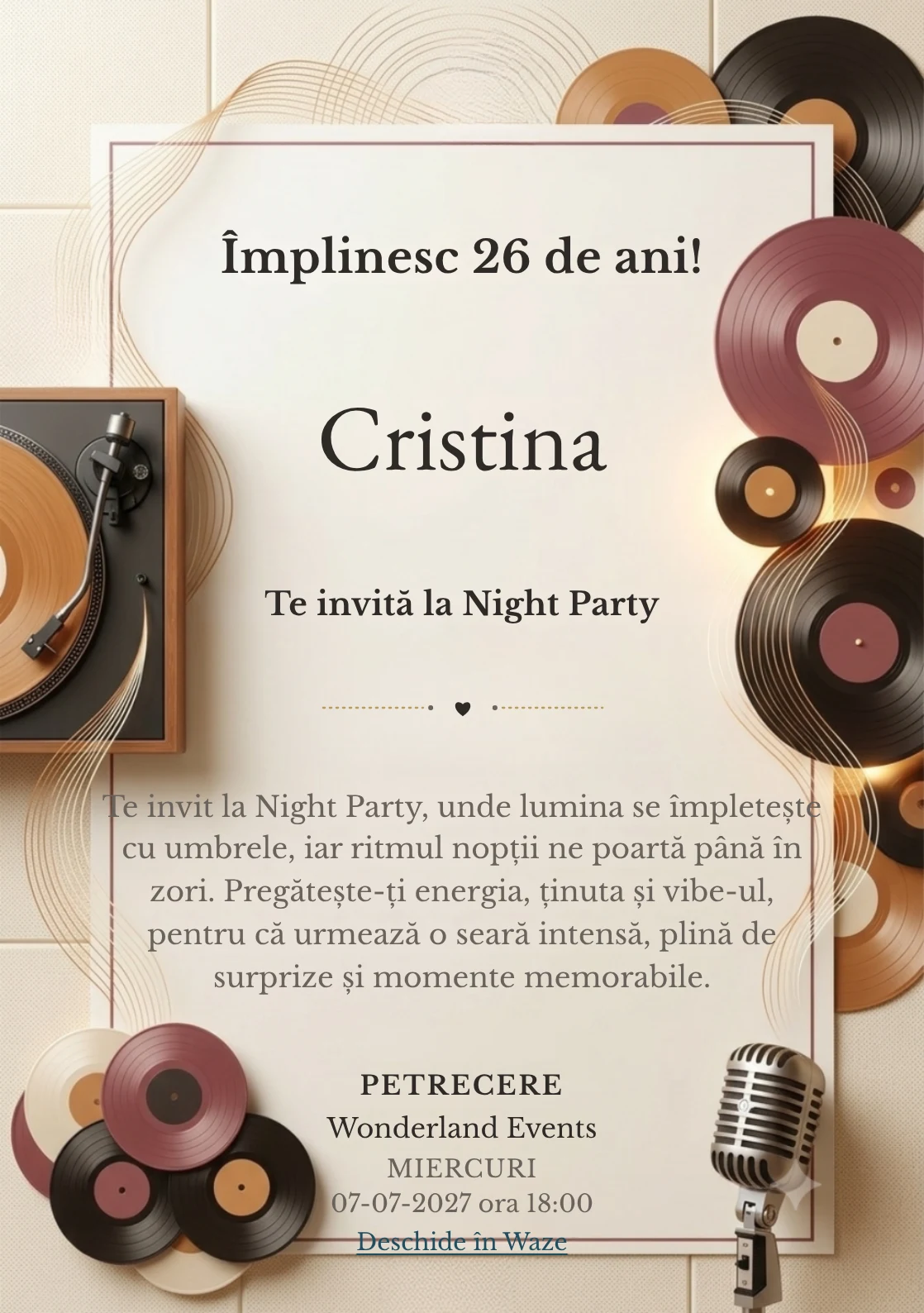 Vinyl Sessions este un model de invitații online pentru o aniversare adultă, definit vizual de un pick-up și unde sonore fine.