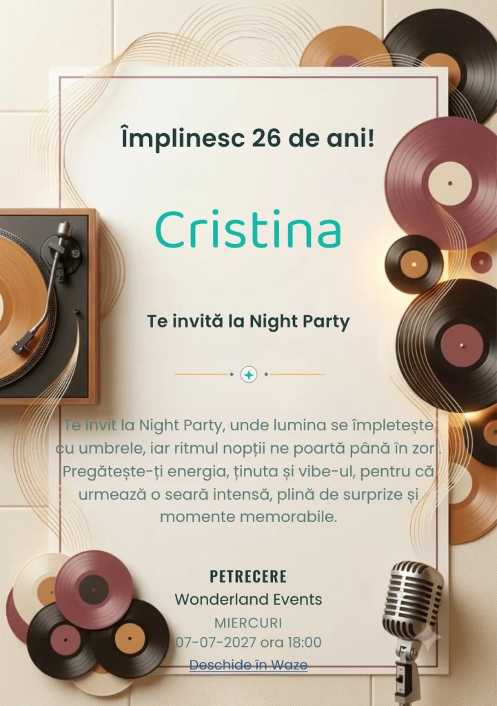 Vinyl Sessions este un model de invitații online pentru o aniversare adultă, definit vizual de un pick-up și unde sonore fine.