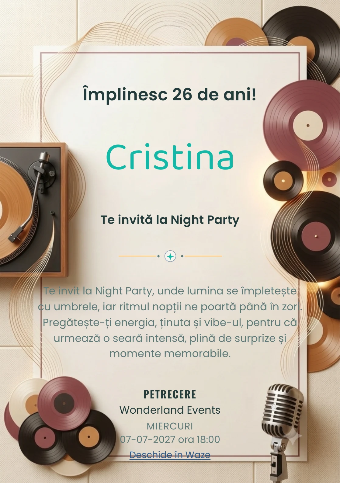 Vinyl Sessions este un model de invitații online pentru o aniversare adultă, definit vizual de un pick-up și unde sonore fine.