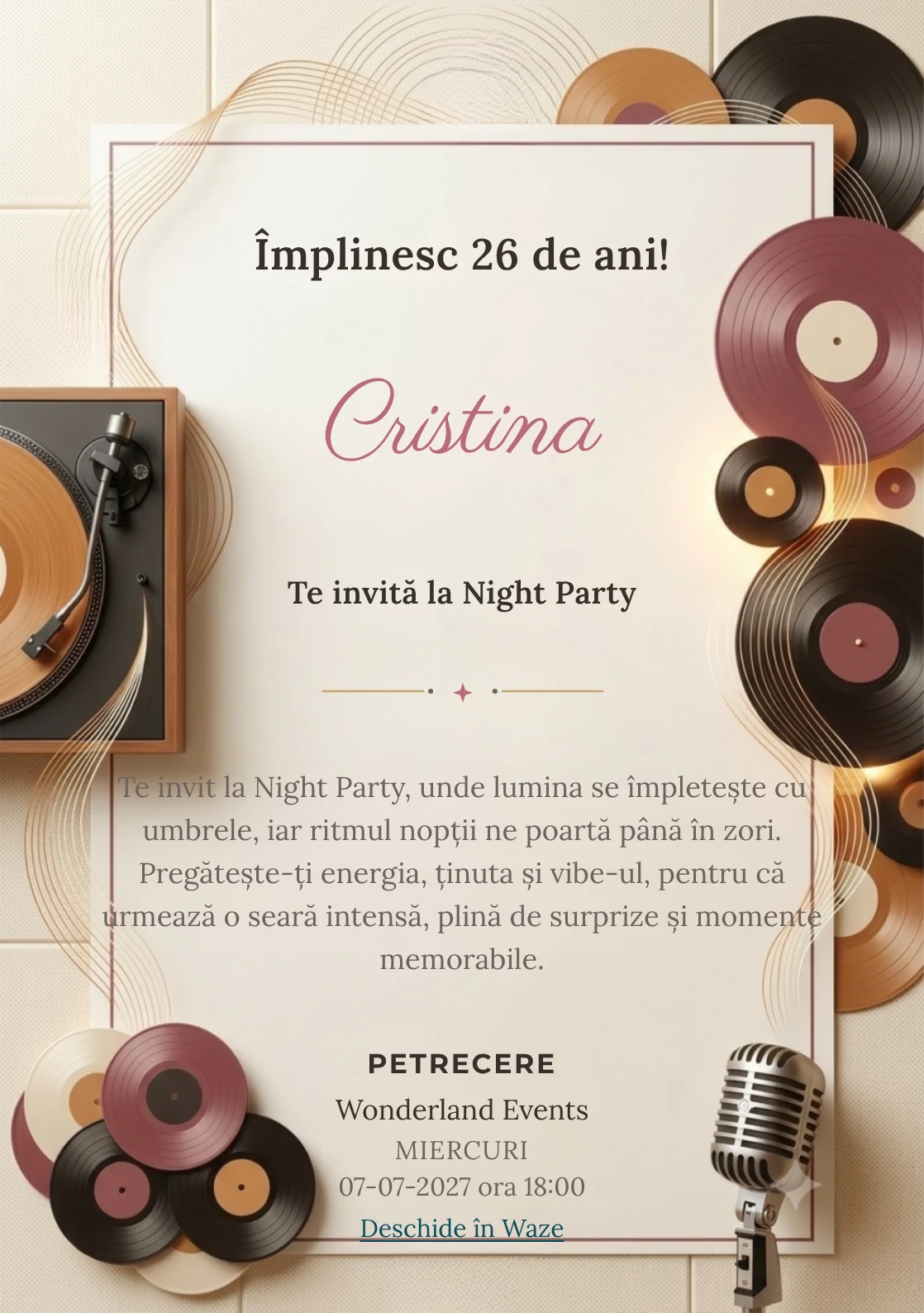 Vinyl Sessions este un model de invitații online pentru o aniversare adultă, definit vizual de un pick-up și unde sonore fine.