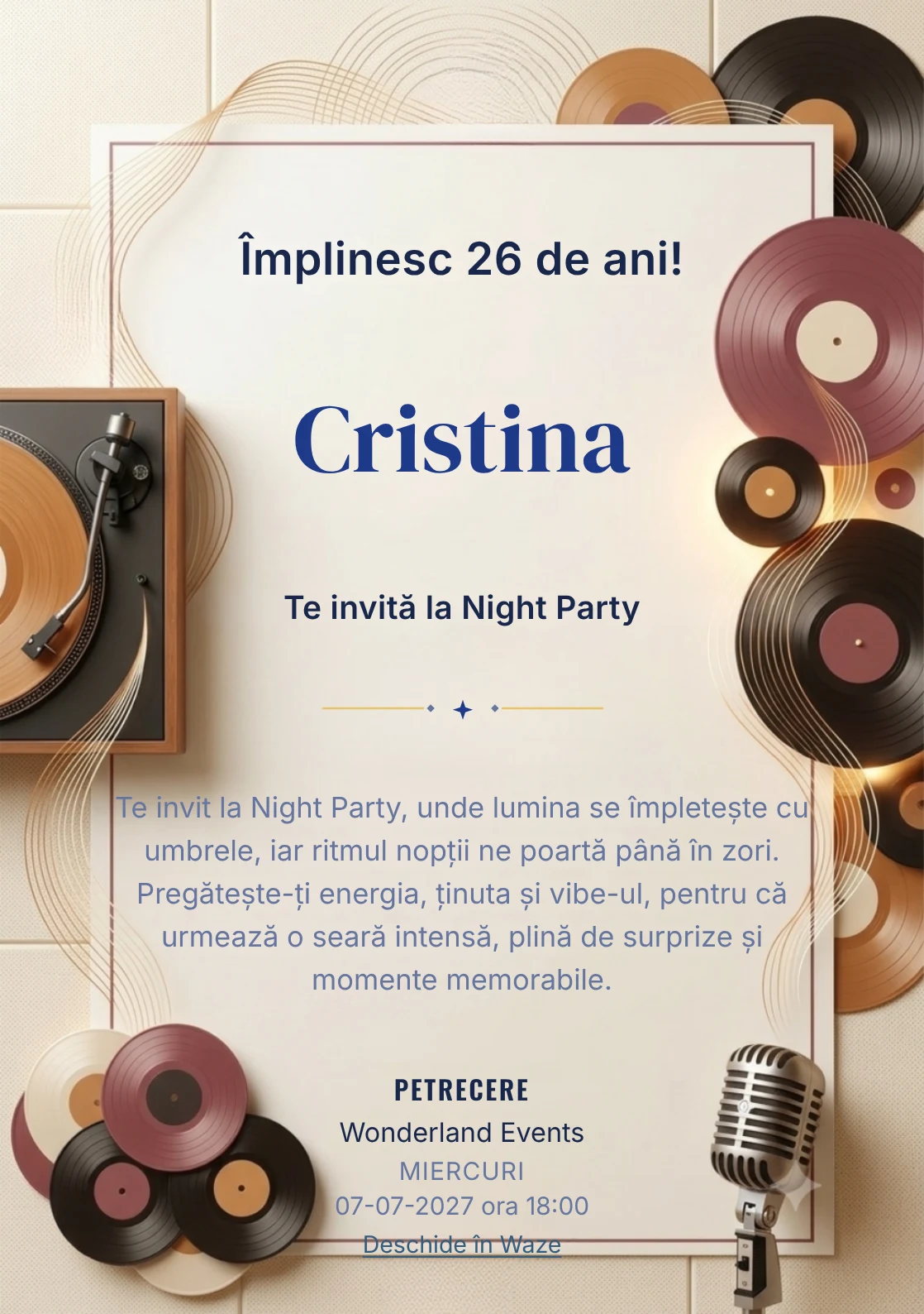 Vinyl Sessions este un model de invitații online pentru o aniversare adultă, definit vizual de un pick-up și unde sonore fine.