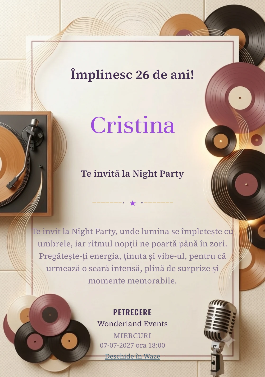 Vinyl Sessions este un model de invitații online pentru o aniversare adultă, definit vizual de un pick-up și unde sonore fine.