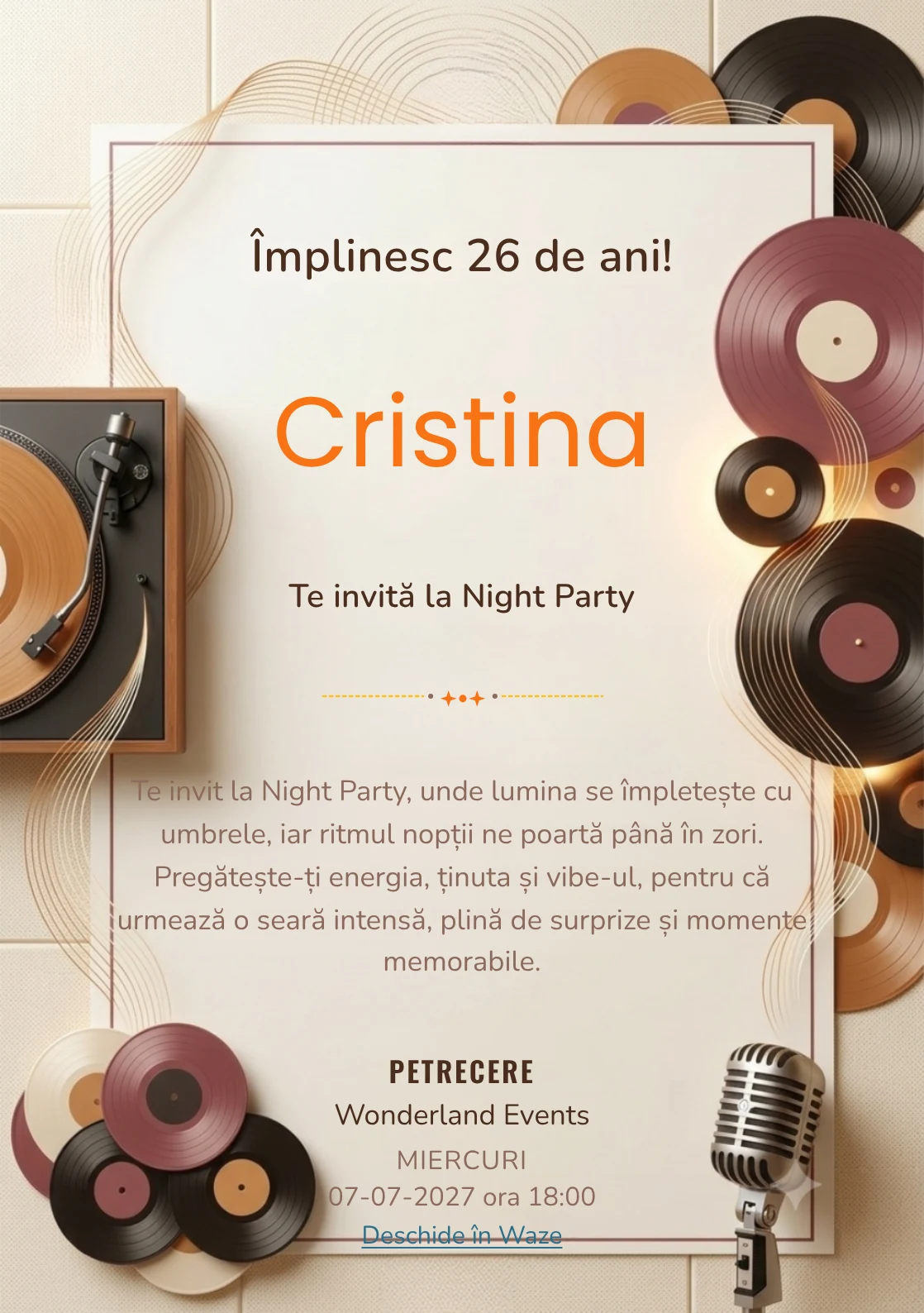 Vinyl Sessions este un model de invitații online pentru o aniversare adultă, definit vizual de un pick-up și unde sonore fine.