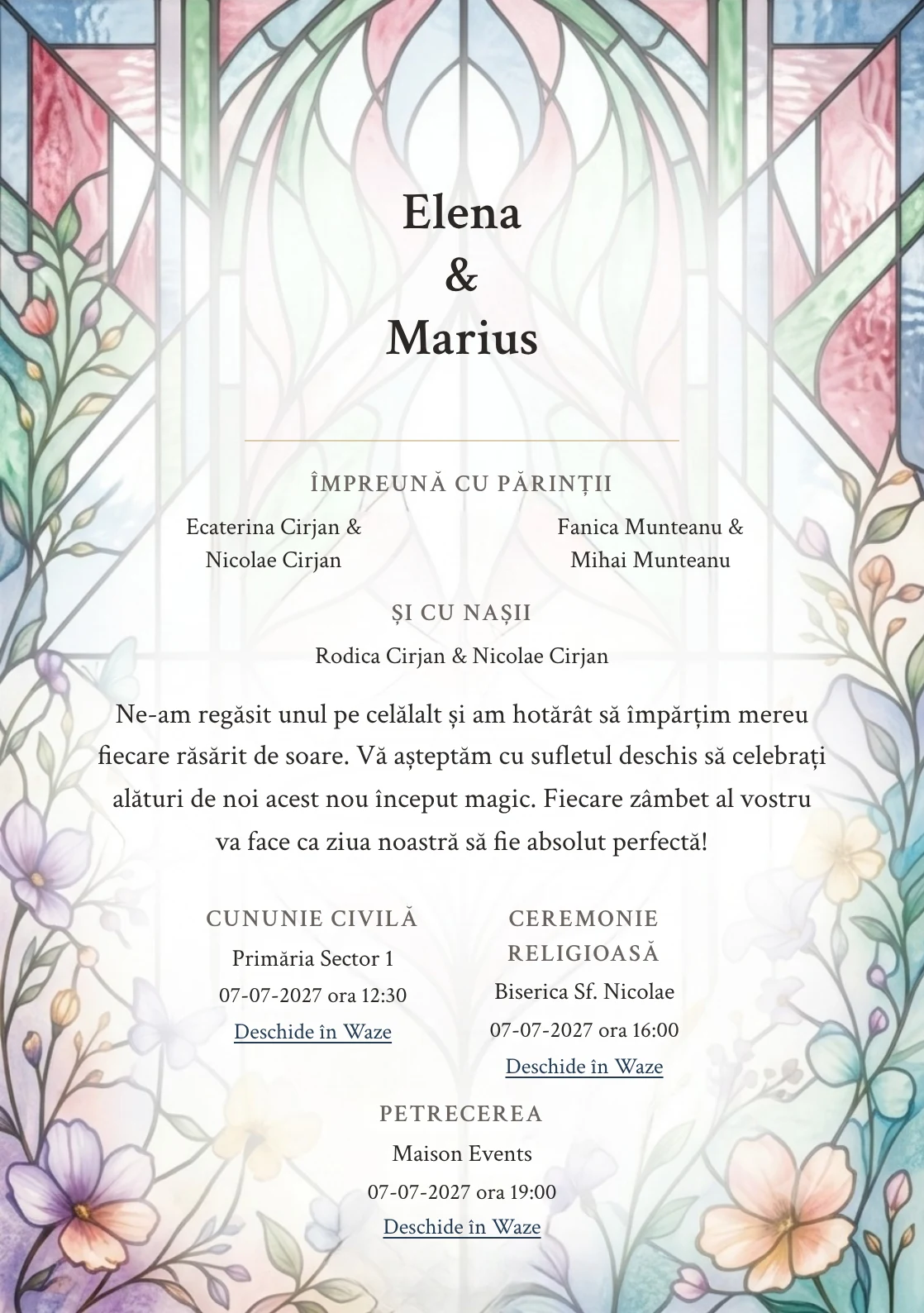 Imaginea Vitraliu de Lumină, pentru invitații de nuntă, este definită de panouri de vitraliu fără simboluri și tonuri de albastru vitraliu desaturat și roz rubin pal.