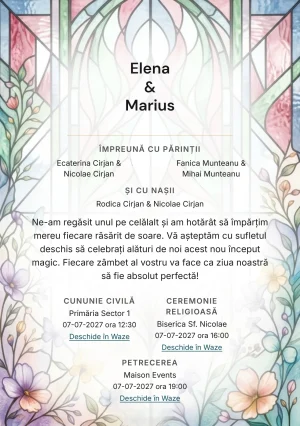 Imaginea Vitraliu de Lumină, pentru invitații de nuntă, este definită de panouri de vitraliu fără simboluri și tonuri de albastru vitraliu desaturat și roz rubin pal.