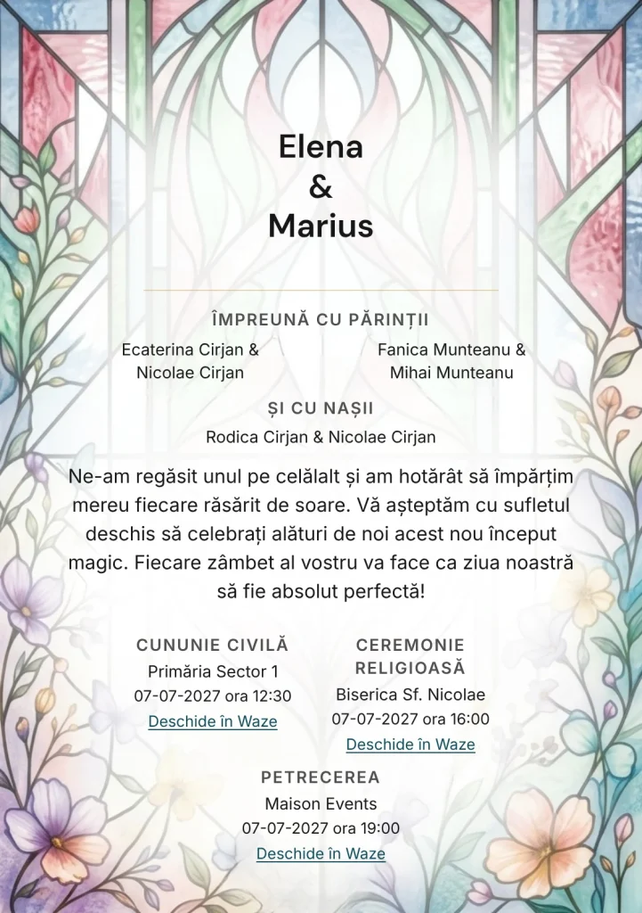 Imaginea Vitraliu de Lumină, pentru invitații de nuntă, este definită de panouri de vitraliu fără simboluri și tonuri de albastru vitraliu desaturat și roz rubin pal.
