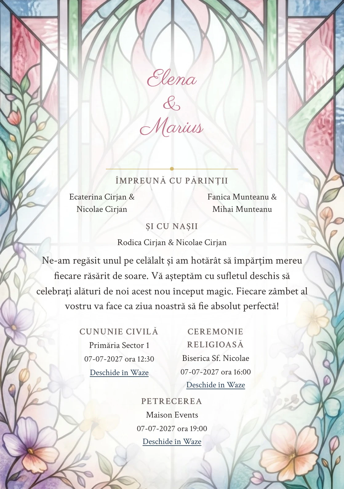 Imaginea Vitraliu de Lumină, pentru invitații de nuntă, este definită de panouri de vitraliu fără simboluri și tonuri de albastru vitraliu desaturat și roz rubin pal.