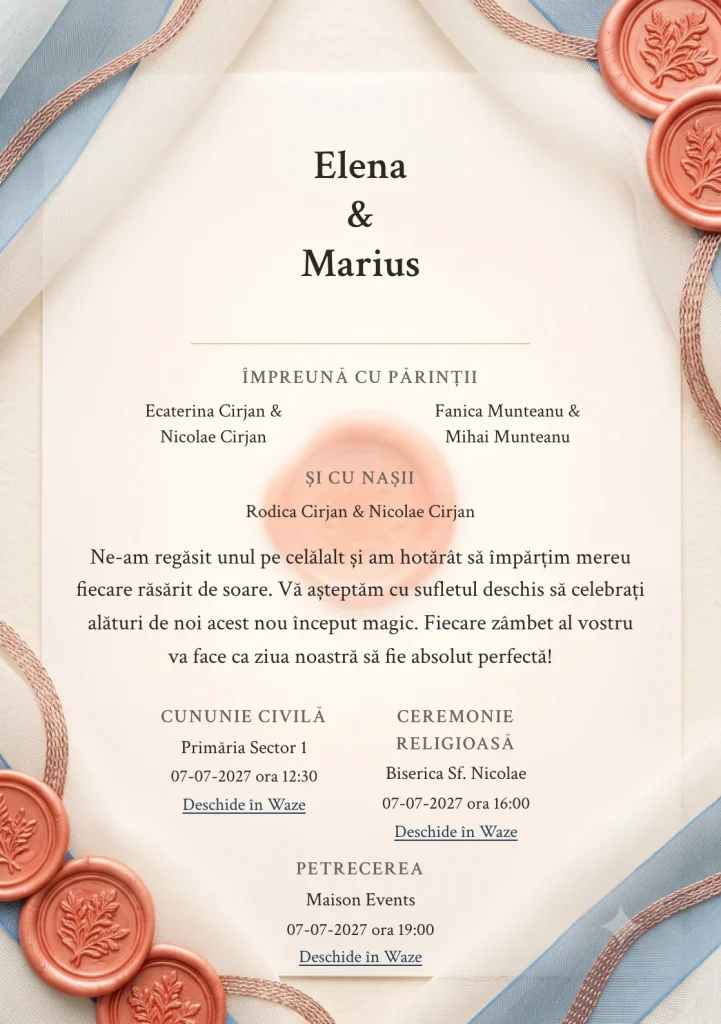 Voal de Coral, pentru o invitație de nuntă, prezintă sigiliu coral stins pe voal fin, completat vizual de nuanțe de ceară coral stins, pergament ivory și albastru cer pal.